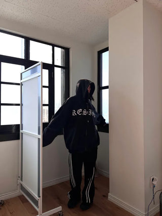 old lettering chrome dirty washing fleece hooded overfit hooded zip-up