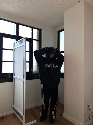 old lettering chrome dirty washing fleece hooded overfit hooded zip-up