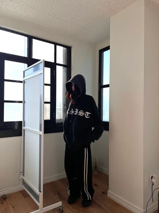 old lettering chrome dirty washing fleece hooded overfit hooded zip-up