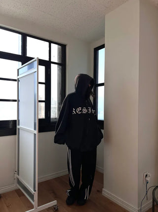 old lettering chrome dirty washing fleece hooded overfit hooded zip-up