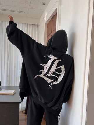 old lettering chrome dirty washing fleece hooded overfit hooded zip-up