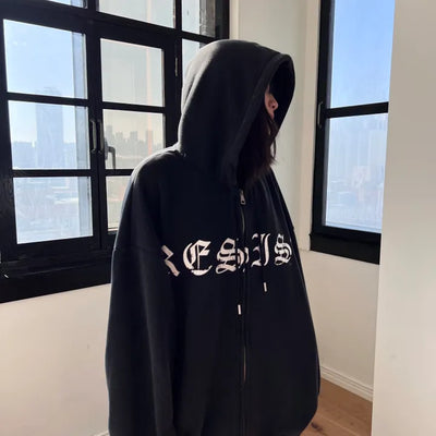 old lettering chrome dirty washing fleece hooded overfit hooded zip-up