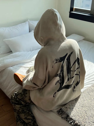 old lettering chrome dirty washing fleece hooded overfit hooded zip-up