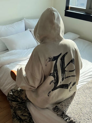 old lettering chrome dirty washing fleece hooded overfit hooded zip-up