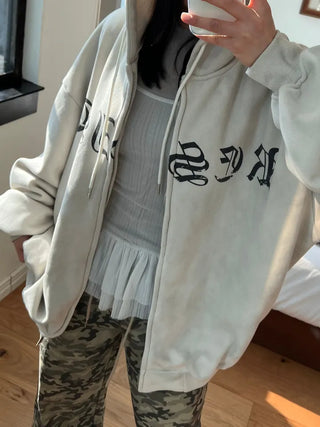 old lettering chrome dirty washing fleece hooded overfit hooded zip-up