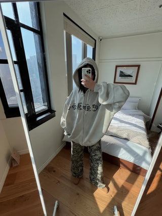 old lettering chrome dirty washing fleece hooded overfit hooded zip-up