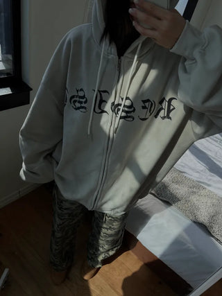 old lettering chrome dirty washing fleece hooded overfit hooded zip-up