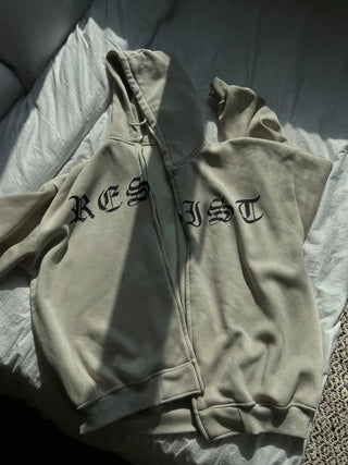 old lettering chrome dirty washing fleece hooded overfit hooded zip-up