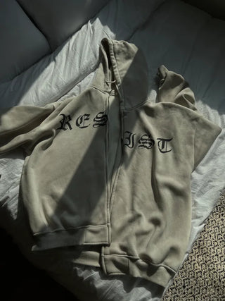 old lettering chrome dirty washing fleece hooded overfit hooded zip-up