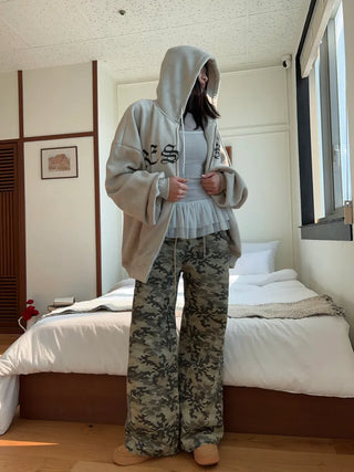 old lettering chrome dirty washing fleece hooded overfit hooded zip-up