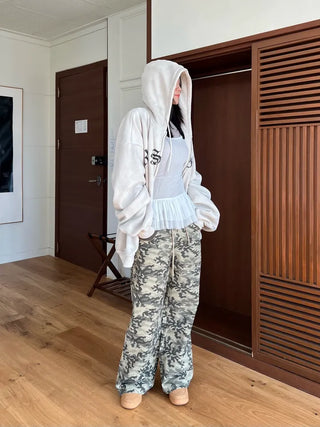 old lettering chrome dirty washing fleece hooded overfit hooded zip-up