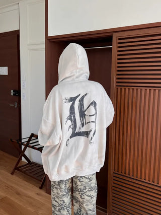 old lettering chrome dirty washing fleece hooded overfit hooded zip-up