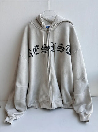 old lettering chrome dirty washing fleece hooded overfit hooded zip-up