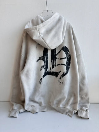 old lettering chrome dirty washing fleece hooded overfit hooded zip-up