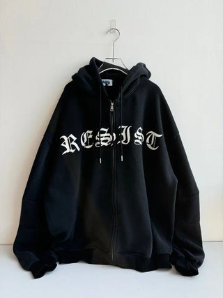 old lettering chrome dirty washing fleece hooded overfit hooded zip-up