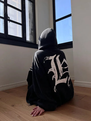 old lettering chrome dirty washing fleece hooded overfit hooded zip-up