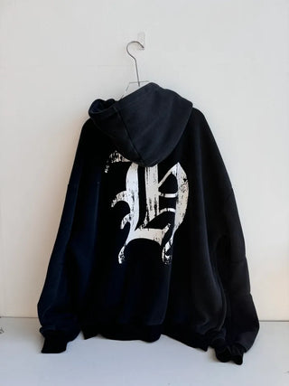 old lettering chrome dirty washing fleece hooded overfit hooded zip-up