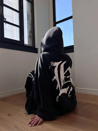 old lettering chrome dirty washing fleece hooded overfit hooded zip-up