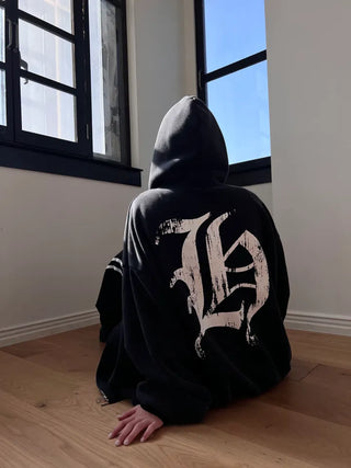 old lettering chrome dirty washing fleece hooded overfit hooded zip-up