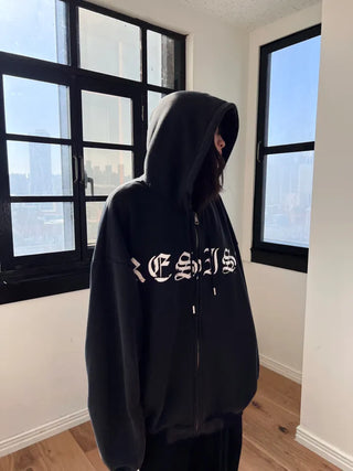 old lettering chrome dirty washing fleece hooded overfit hooded zip-up