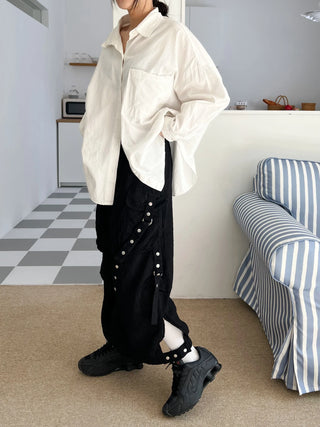 snap button button pocket cut banding long skirt