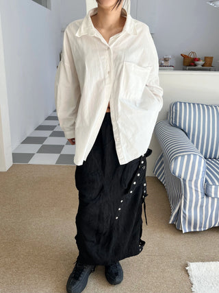 snap button button pocket cut banding long skirt