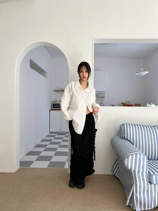 snap button button pocket cut banding long skirt