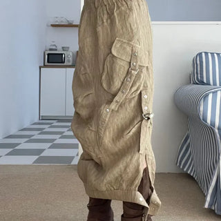 snap button button pocket cut banding long skirt