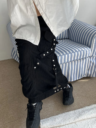 snap button button pocket cut banding long skirt