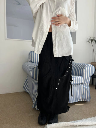 snap button button pocket cut banding long skirt