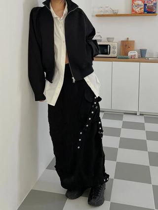 snap button button pocket cut banding long skirt