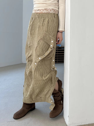 snap button button pocket cut banding long skirt