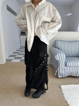 snap button button pocket cut banding long skirt