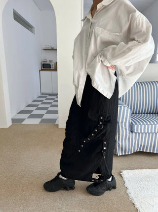 snap button button pocket cut banding long skirt