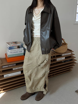 snap button button pocket cut banding long skirt