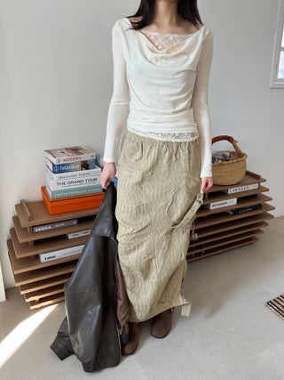 snap button button pocket cut banding long skirt