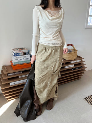 snap button button pocket cut banding long skirt