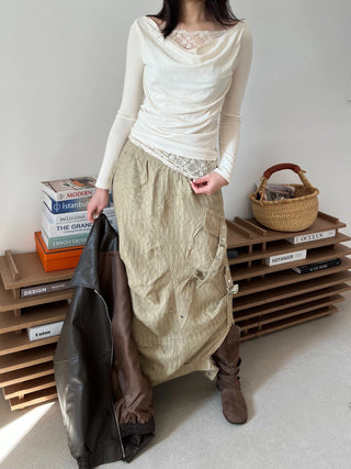 snap button button pocket cut banding long skirt