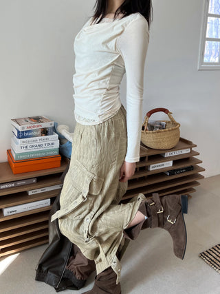 snap button button pocket cut banding long skirt