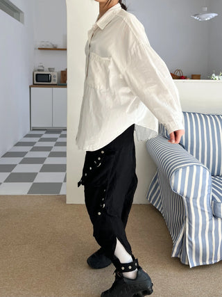 snap button button pocket cut banding long skirt