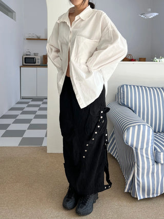 snap button button pocket cut banding long skirt