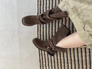 belted suede strap fold mid-calf boots