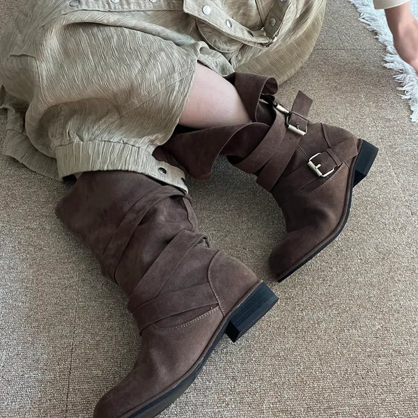 belted suede strap fold mid-calf boots