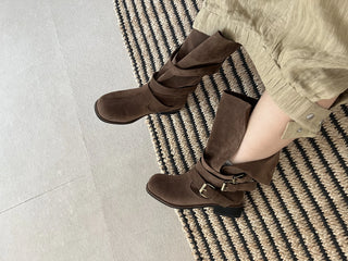 belted suede strap fold mid-calf boots