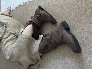 belted suede strap fold mid-calf boots
