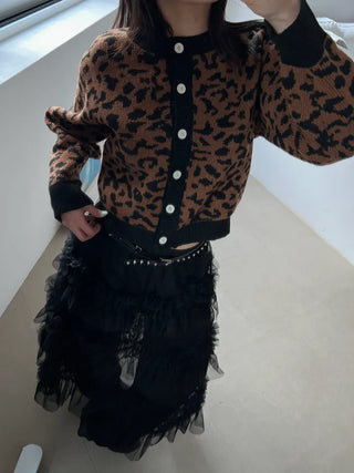 leopard print cropped knit cardigan