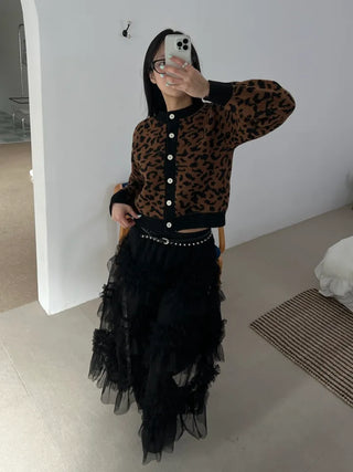 leopard print cropped knit cardigan