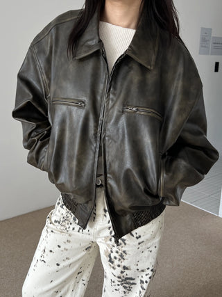 washed scratch leather blouson jacket