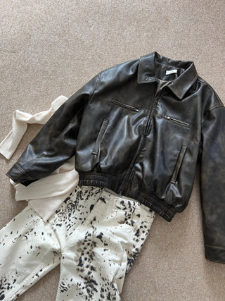 washed scratch leather blouson jacket