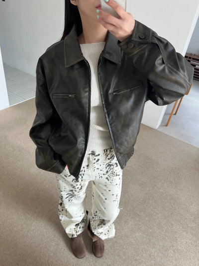 washed scratch leather blouson jacket
